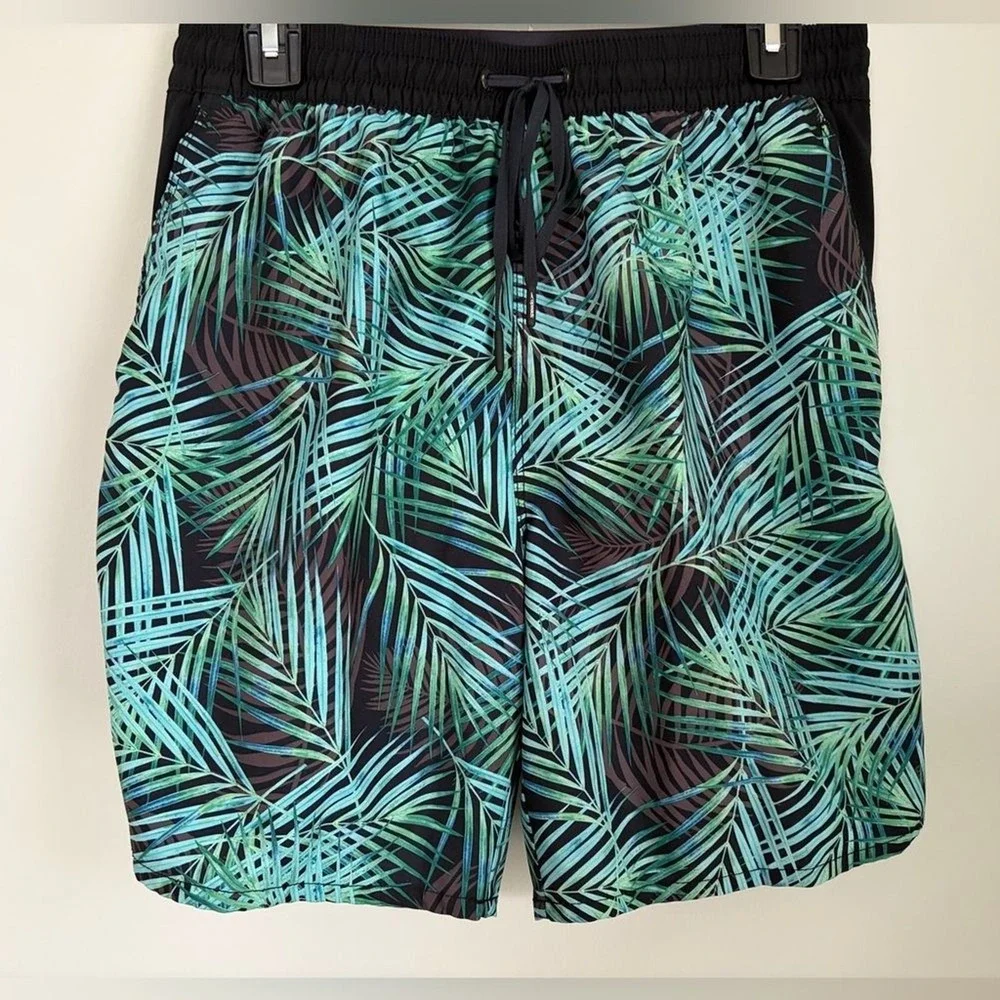 Speedo Men's Swim Shorts Size Medium Palm Leaf Black Blue Green Vacation Summer